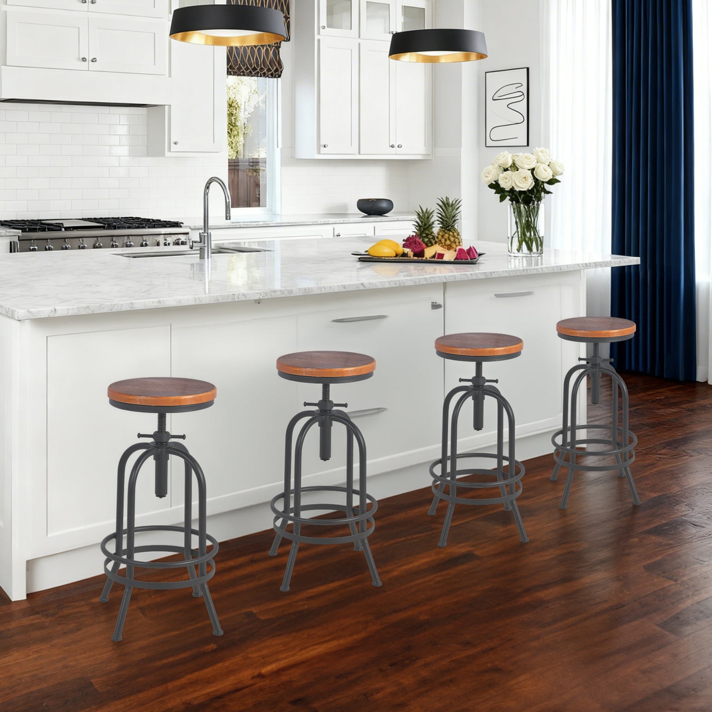 Set of 4, Industrial Bar Stool-Retro 26-32.3inch Swivel Stools-Extra Tall Kitchen Chair-Bar Counter Height Adjustable-Fully Welded (BLACK)