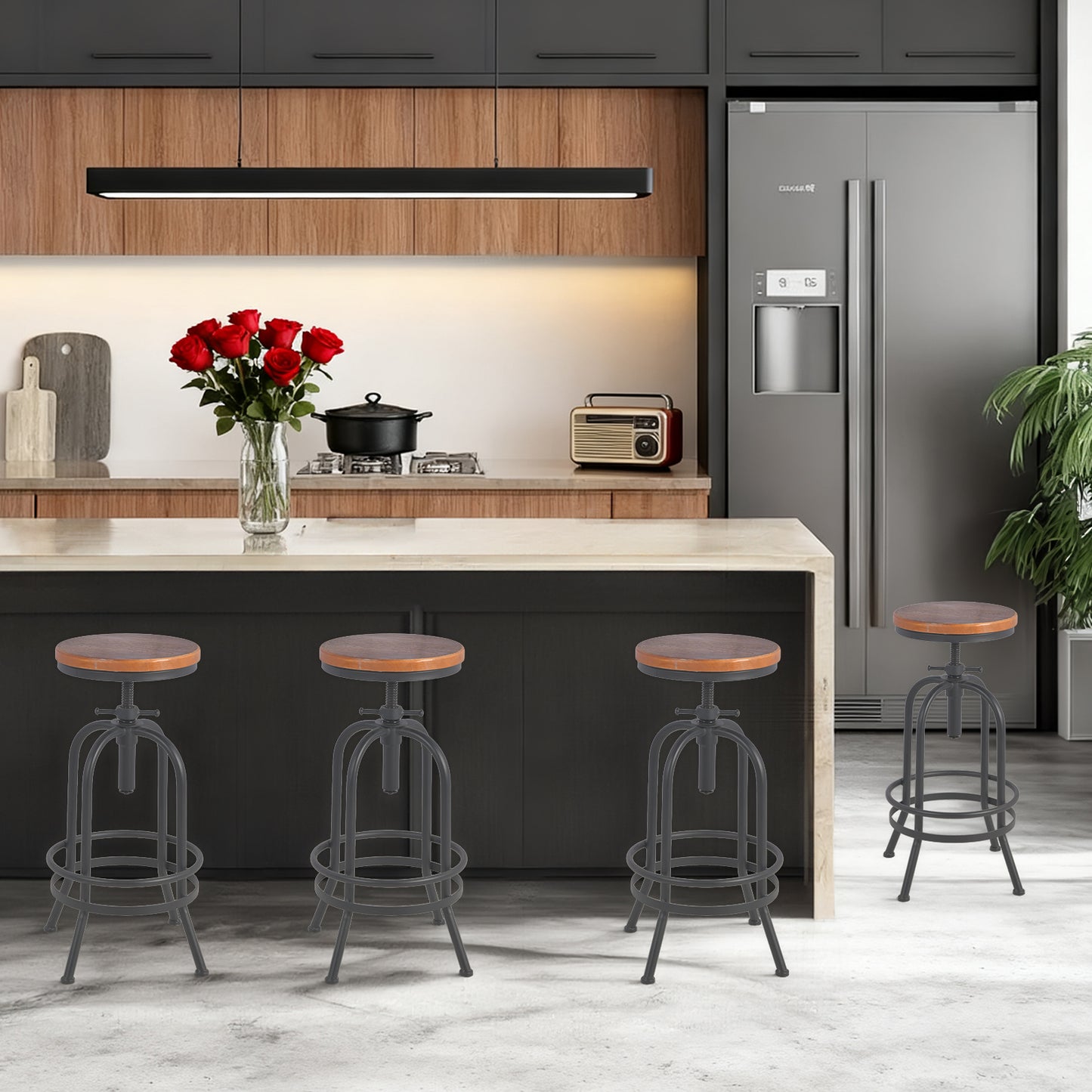 Set of 4, Industrial Bar Stool-Retro 26-32.3inch Swivel Stools-Extra Tall Kitchen Chair-Bar Counter Height Adjustable-Fully Welded (BLACK)
