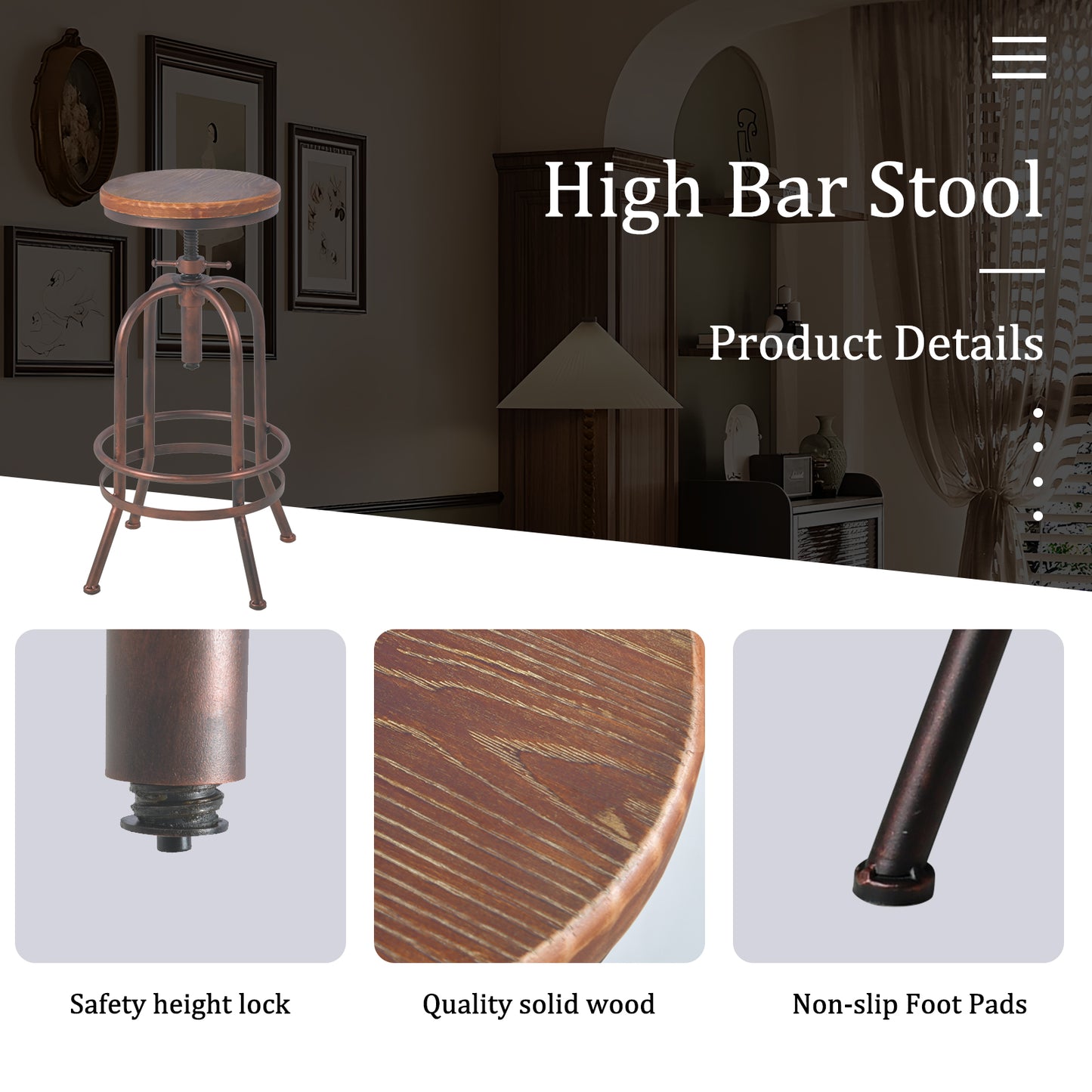 Set of 2, Industrial Bar Stool-Retro 26-32.3inch Swivel Stools-Extra Tall Kitchen Chair-Bar Counter Height Adjustable-Fully Welded (COPPER)