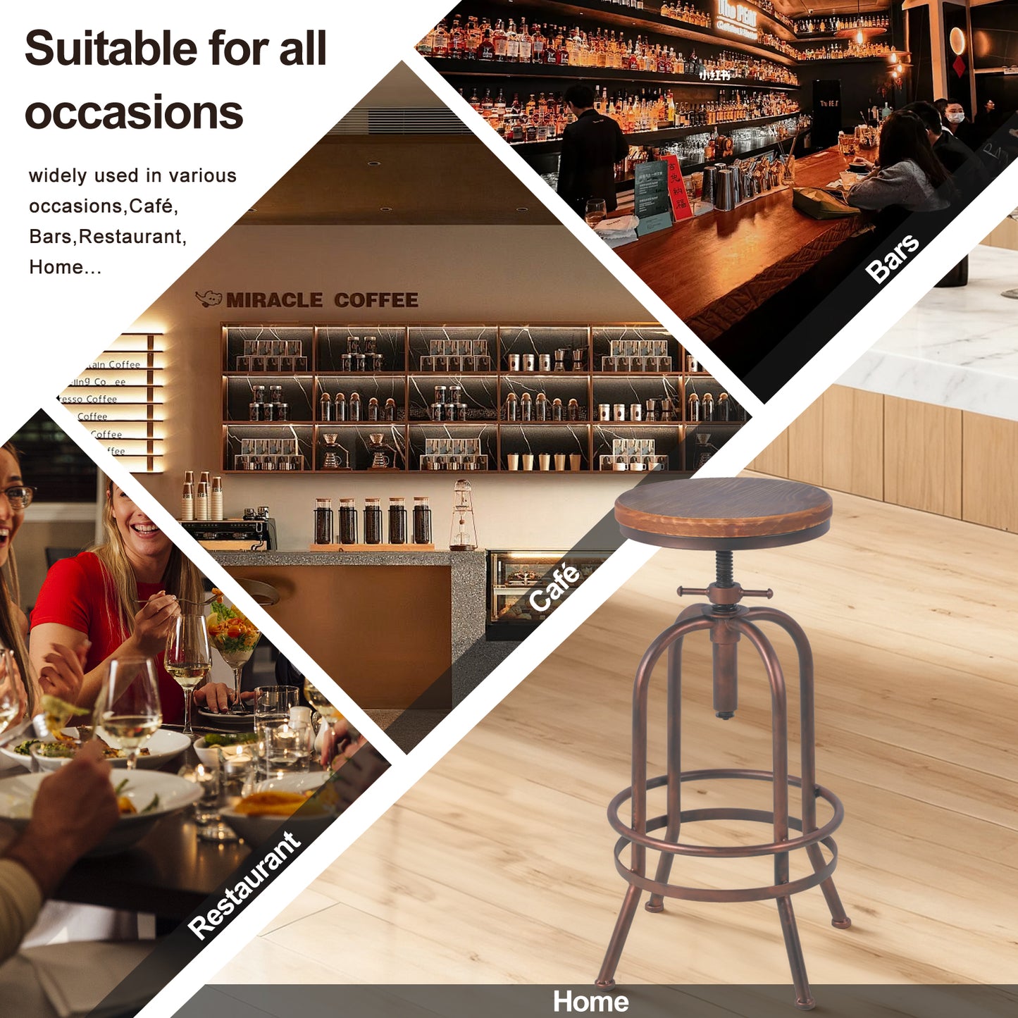 Set of 2, Industrial Bar Stool-Retro 26-32.3inch Swivel Stools-Extra Tall Kitchen Chair-Bar Counter Height Adjustable-Fully Welded (COPPER)