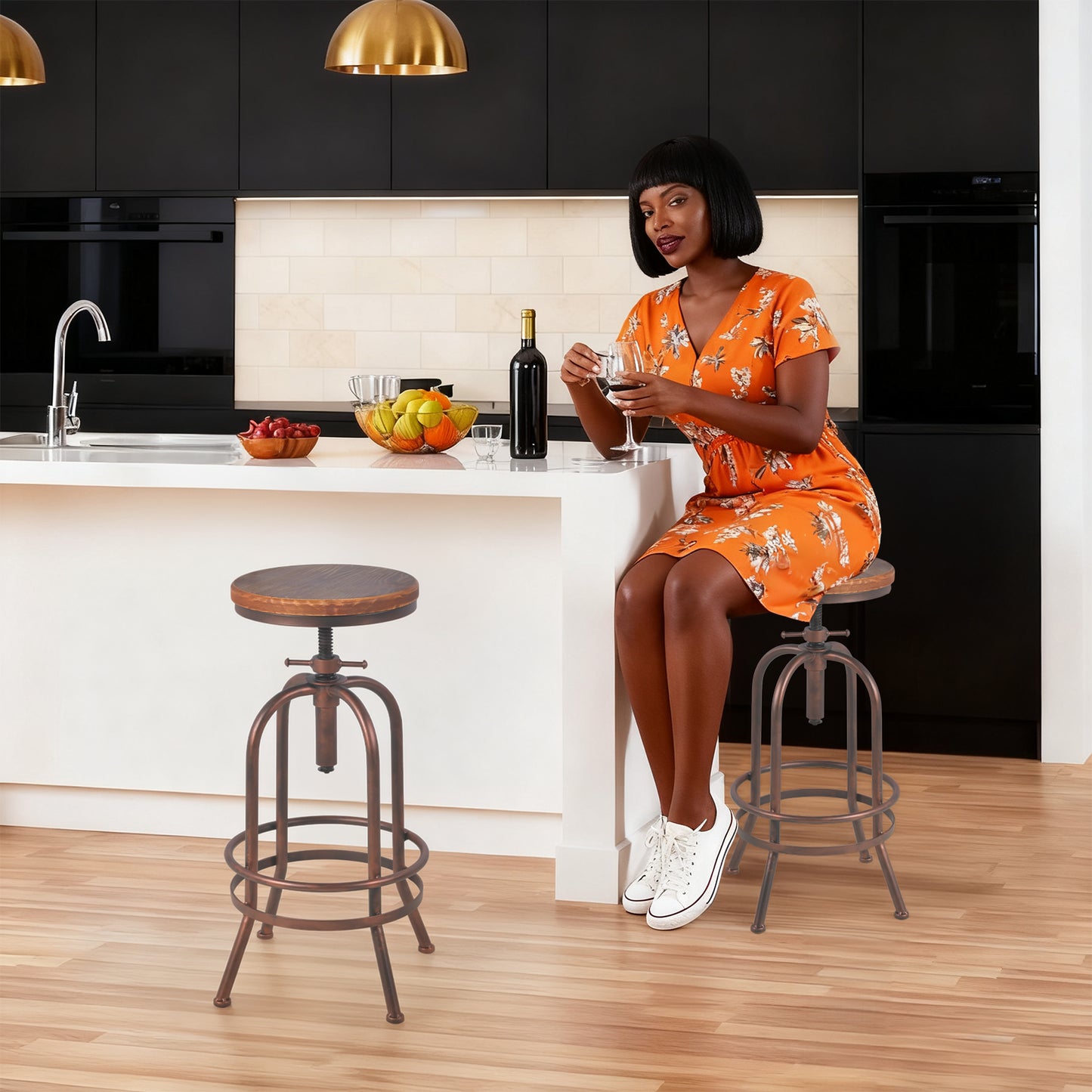 Set of 2, Industrial Bar Stool-Retro 26-32.3inch Swivel Stools-Extra Tall Kitchen Chair-Bar Counter Height Adjustable-Fully Welded (COPPER)