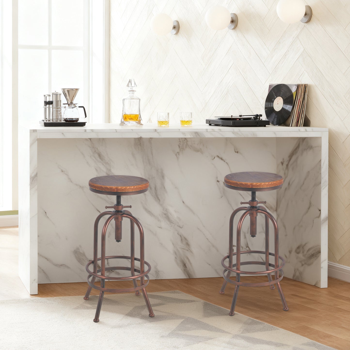 Set of 2, Industrial Bar Stool-Retro 26-32.3inch Swivel Stools-Extra Tall Kitchen Chair-Bar Counter Height Adjustable-Fully Welded (COPPER)