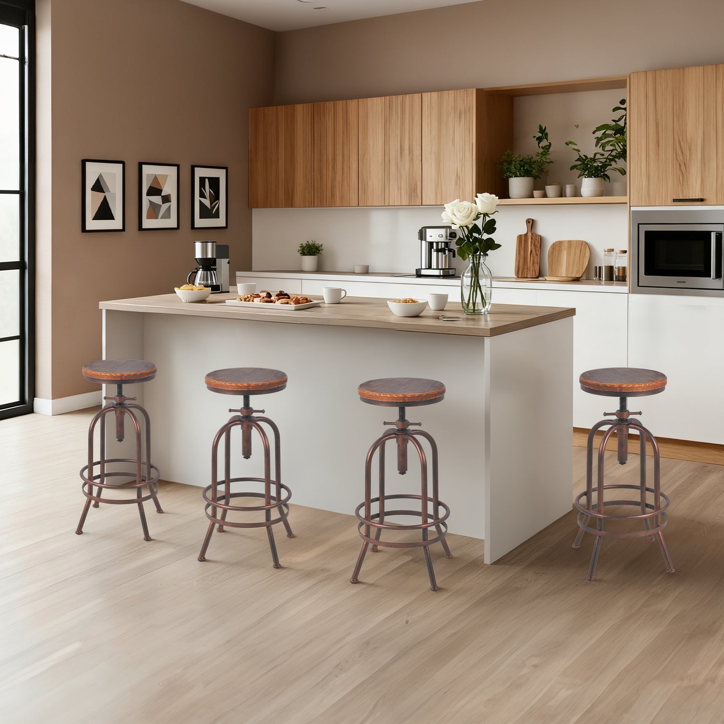 Set of 4, Industrial Bar Stool-Retro 26-32.3inch Swivel Stools-Extra Tall Kitchen Chair-Bar Counter Height Adjustable-Fully Welded (COPPER)
