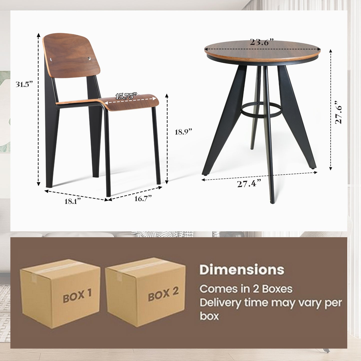Set of 3，Table & Chairs Set, Indoor-Outdoor Home Dining Breakfast Cafe Bar Commercial Conference Set, (23.6"Dia Round Plywood Table 27.6" H, with 2 Plywood Chairs, (Stackable, Waterproof)