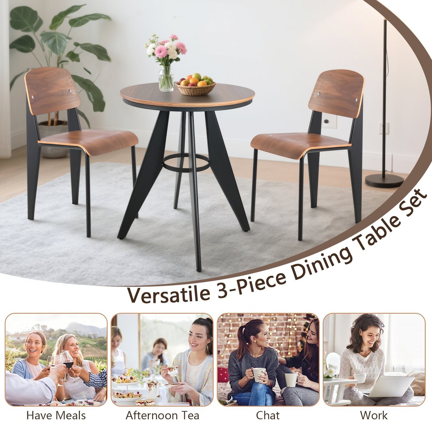 Set of 3，Table & Chairs Set, Indoor-Outdoor Home Dining Breakfast Cafe Bar Commercial Conference Set, (23.6"Dia Round Plywood Table 27.6" H, with 2 Plywood Chairs, (Stackable, Waterproof)