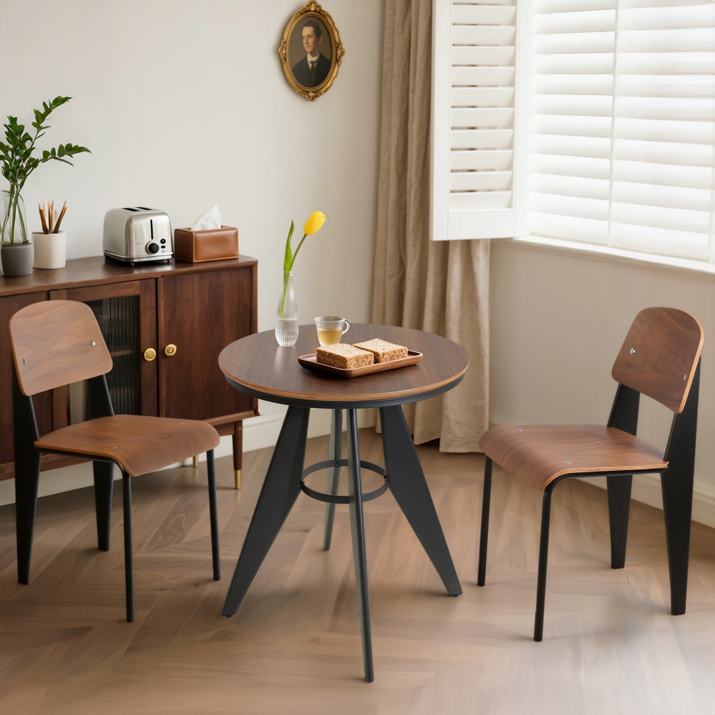 Set of 3，Table & Chairs Set, Indoor-Outdoor Home Dining Breakfast Cafe Bar Commercial Conference Set, (23.6"Dia Round Plywood Table 27.6" H, with 2 Plywood Chairs, (Stackable, Waterproof)