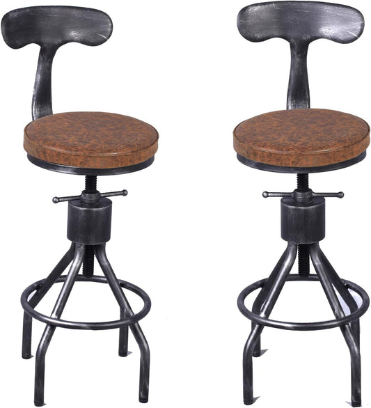 Set of 2 Industrial Leather Bar Stools-Adjustable Swivel Metal Bar Stool-24-30 Tall Seat Height Counter Height to Bar Height-Kitchen Stool Dining Chair,Cafe Stools with with Backrest