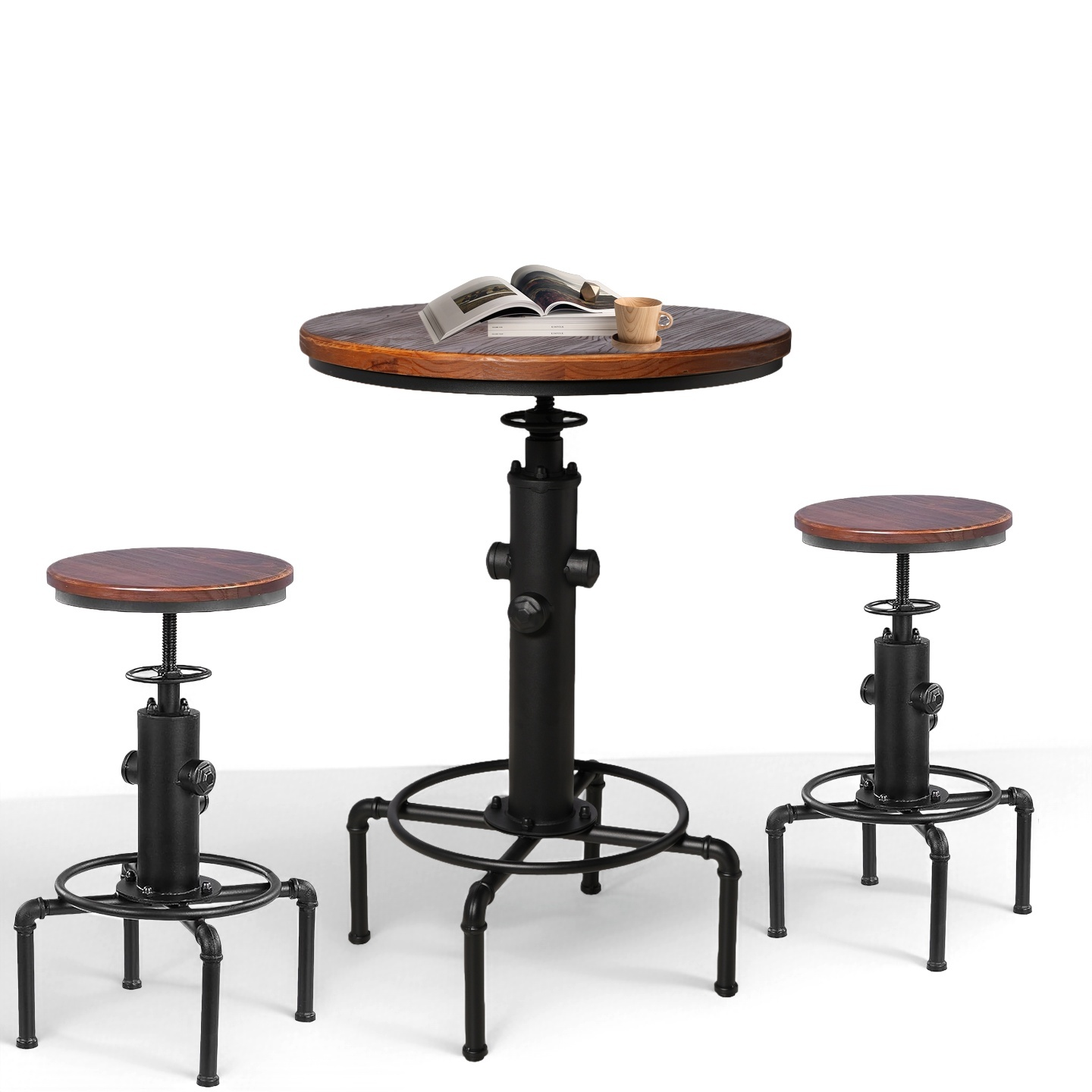 Industrial Bar Table Set for 2, Round Pub Table with 2 Stools, Height Adjustable, Wood Top with Black Metal Base, 23.62 Inch Diameter
