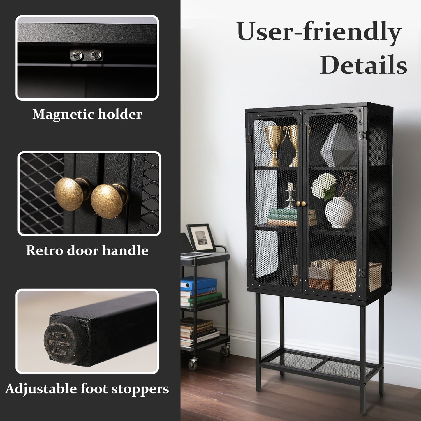 Industrial style storage cabinet  home kitchen storage cabinet against the wall retro tin cabinet living room iron dining cabinet(Black)