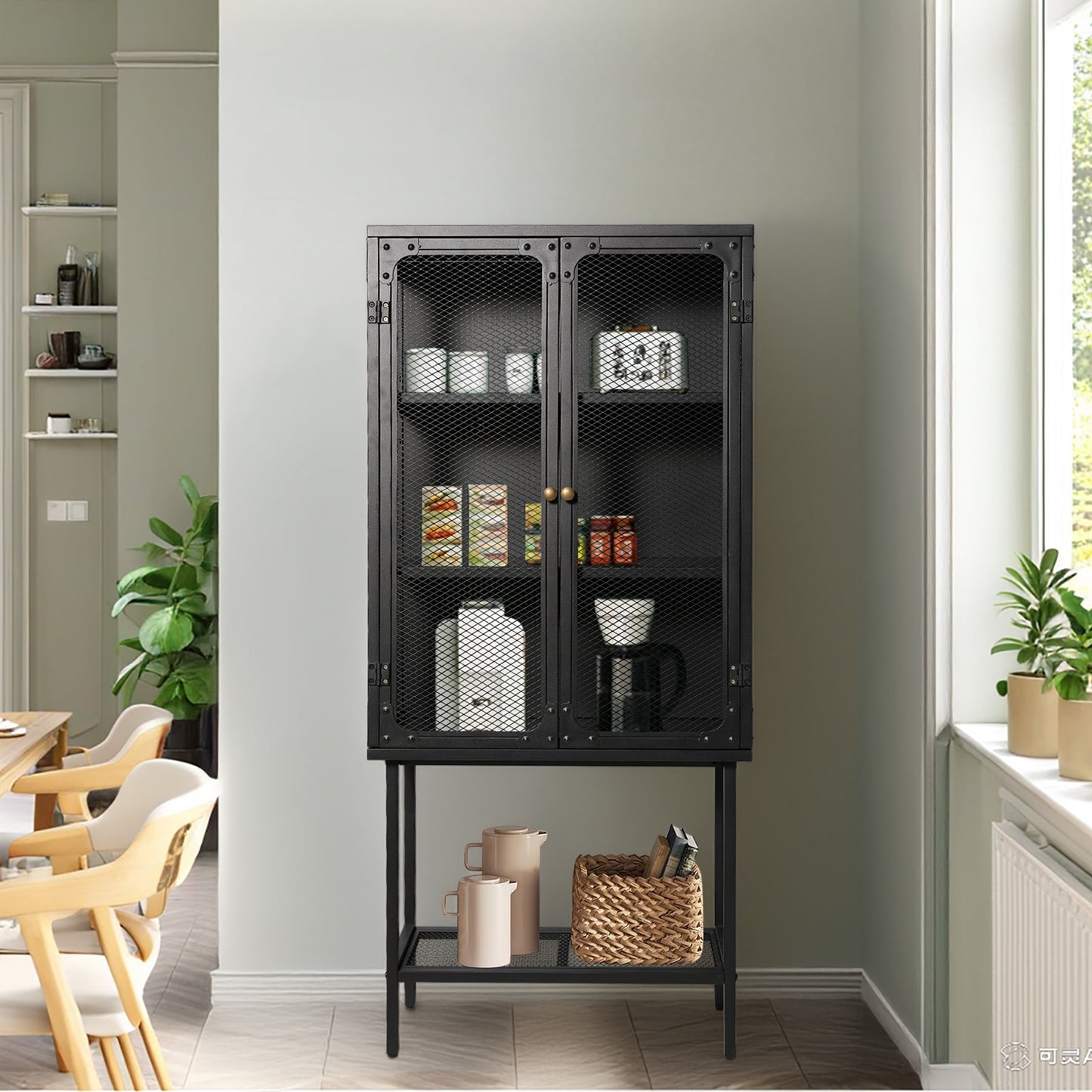 Industrial style storage cabinet  home kitchen storage cabinet against the wall retro tin cabinet living room iron dining cabinet(Black)