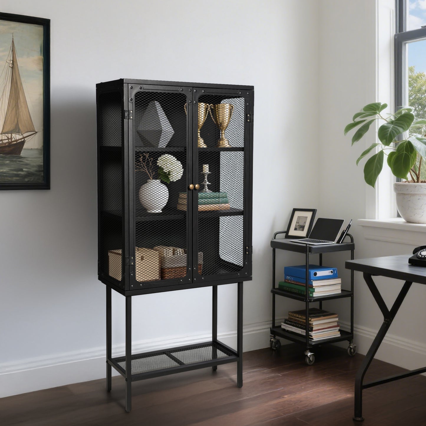 Industrial style storage cabinet  home kitchen storage cabinet against the wall retro tin cabinet living room iron dining cabinet(Black)