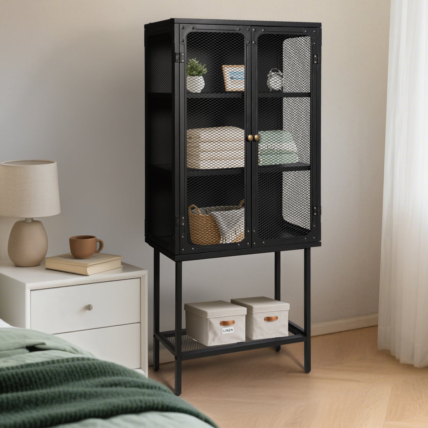 Industrial style storage cabinet  home kitchen storage cabinet against the wall retro tin cabinet living room iron dining cabinet(Black)