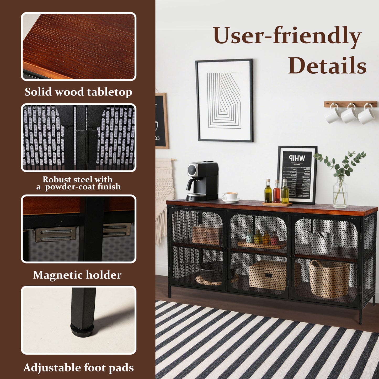 Industrial style storage cabinet home kitchen storage cabinet against the wall retro tin cabinet living room iron dining cabinet(Black& Wood Top)