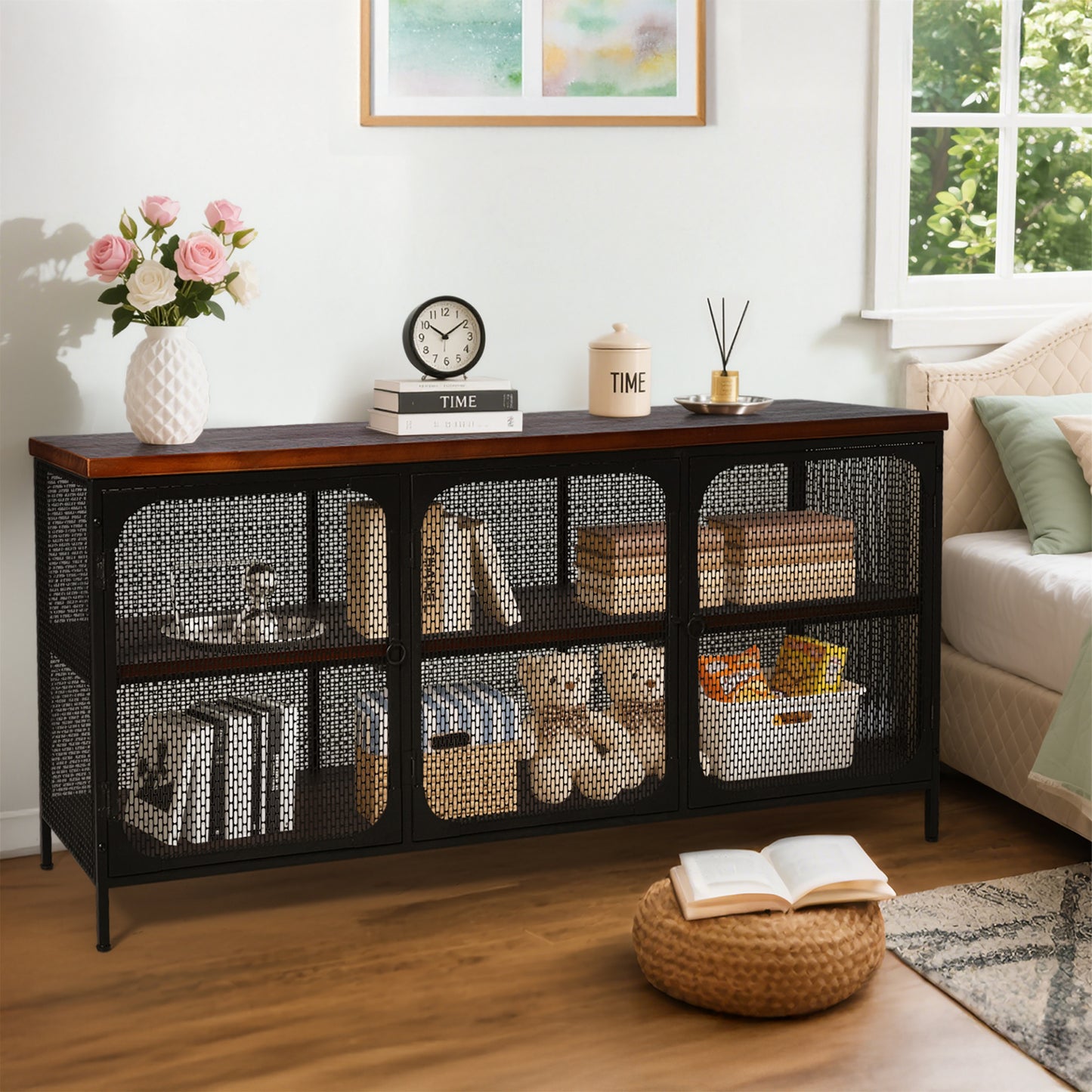 Industrial style storage cabinet home kitchen storage cabinet against the wall retro tin cabinet living room iron dining cabinet(Black& Wood Top)