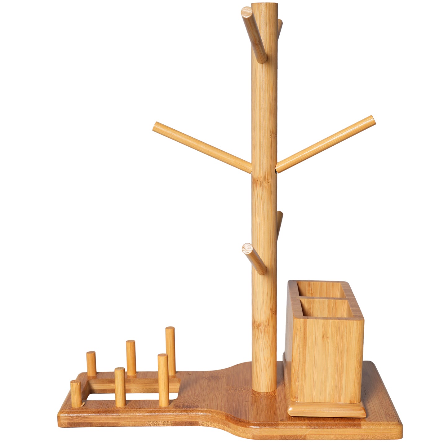 Bamboo Mug Tree with Divided Storage Compartment, 6-Hook Coffee Cup Holder with Coaster Rack, Countertop Organizer for Coffee Bar, Kitchen & Office, 13.8" W x 6.3" D x 11.2" H