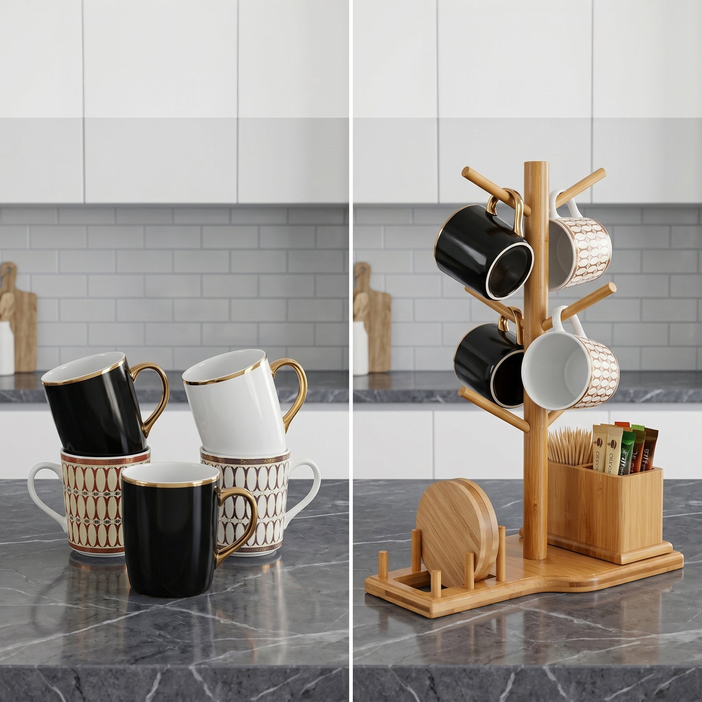 Bamboo Mug Tree with Divided Storage Compartment, 6-Hook Coffee Cup Holder with Coaster Rack, Countertop Organizer for Coffee Bar, Kitchen & Office, 13.8" W x 6.3" D x 11.2" H