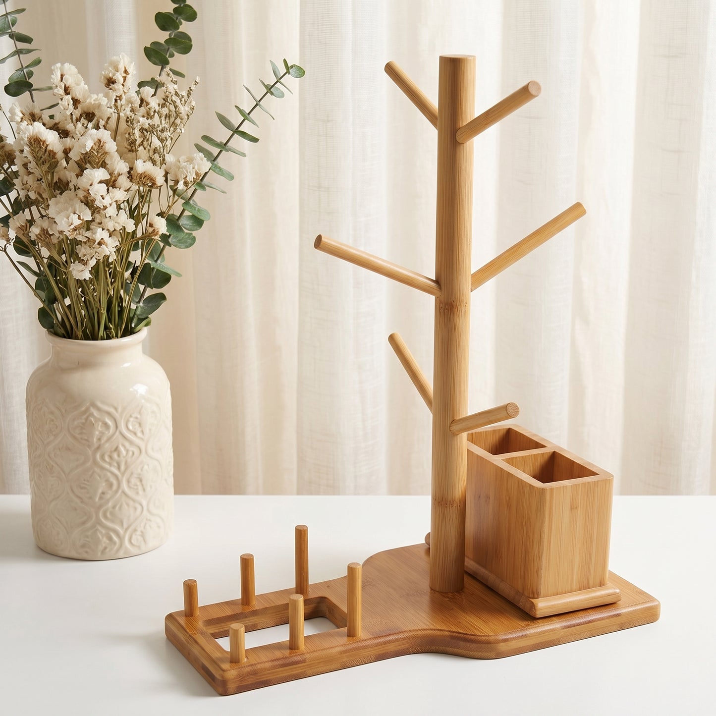Bamboo Mug Tree with Divided Storage Compartment, 6-Hook Coffee Cup Holder with Coaster Rack, Countertop Organizer for Coffee Bar, Kitchen & Office, 13.8" W x 6.3" D x 11.2" H