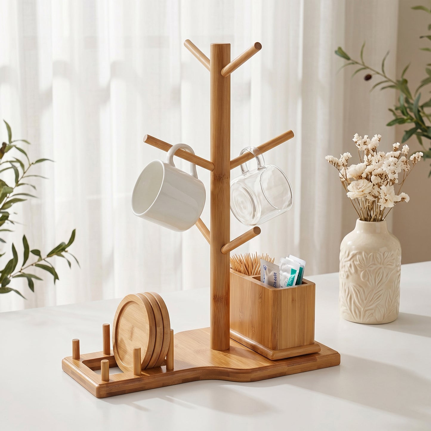 Bamboo Mug Tree with Divided Storage Compartment, 6-Hook Coffee Cup Holder with Coaster Rack, Countertop Organizer for Coffee Bar, Kitchen & Office, 13.8" W x 6.3" D x 11.2" H