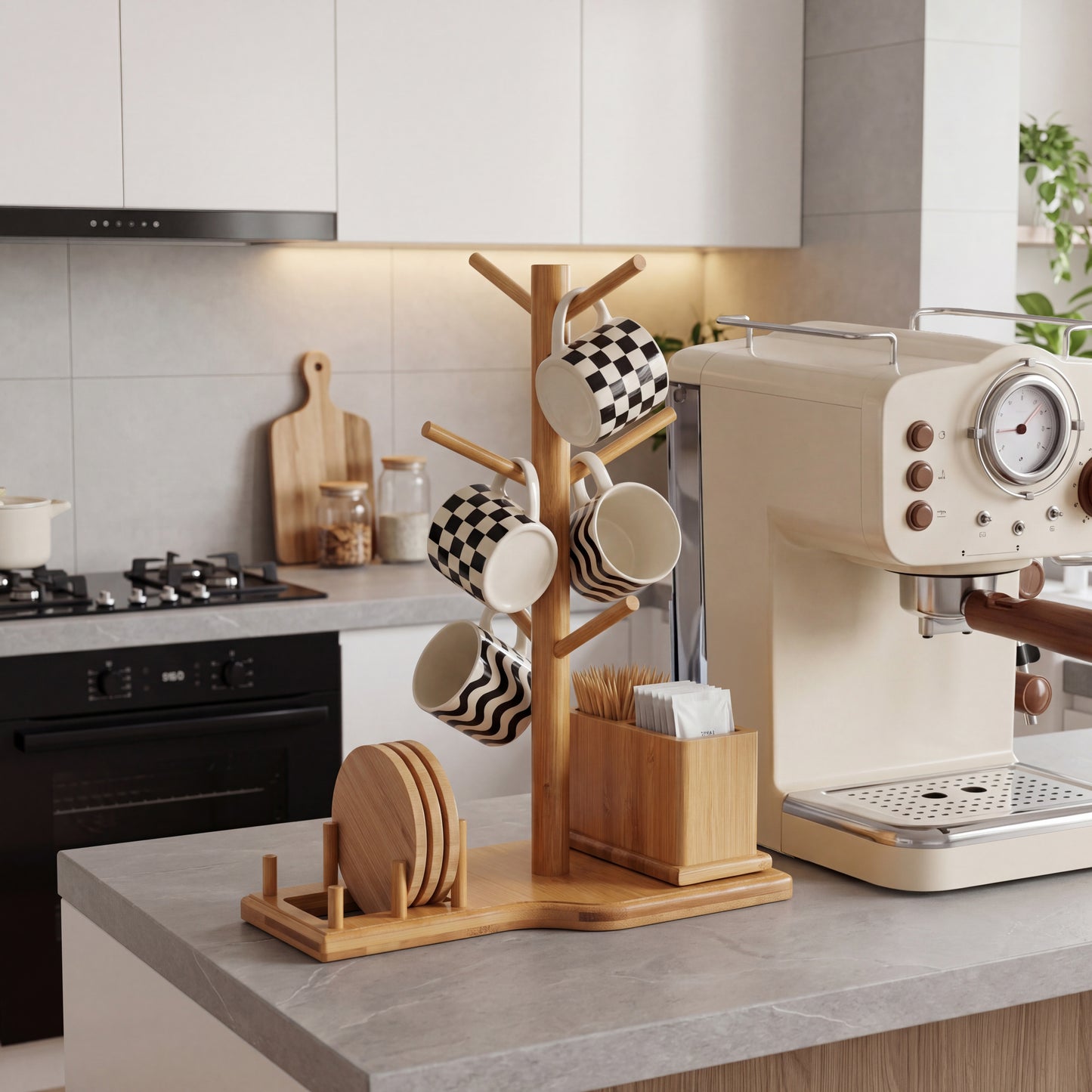 Bamboo Mug Tree with Divided Storage Compartment, 6-Hook Coffee Cup Holder with Coaster Rack, Countertop Organizer for Coffee Bar, Kitchen & Office, 13.8" W x 6.3" D x 11.2" H