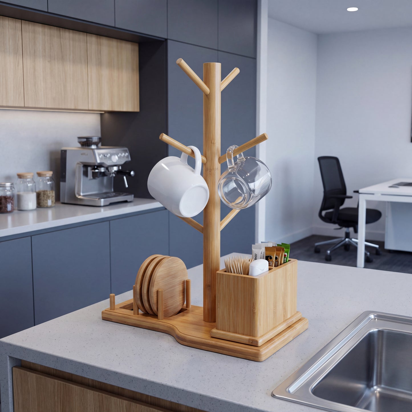Bamboo Mug Tree with Divided Storage Compartment, 6-Hook Coffee Cup Holder with Coaster Rack, Countertop Organizer for Coffee Bar, Kitchen & Office, 13.8" W x 6.3" D x 11.2" H