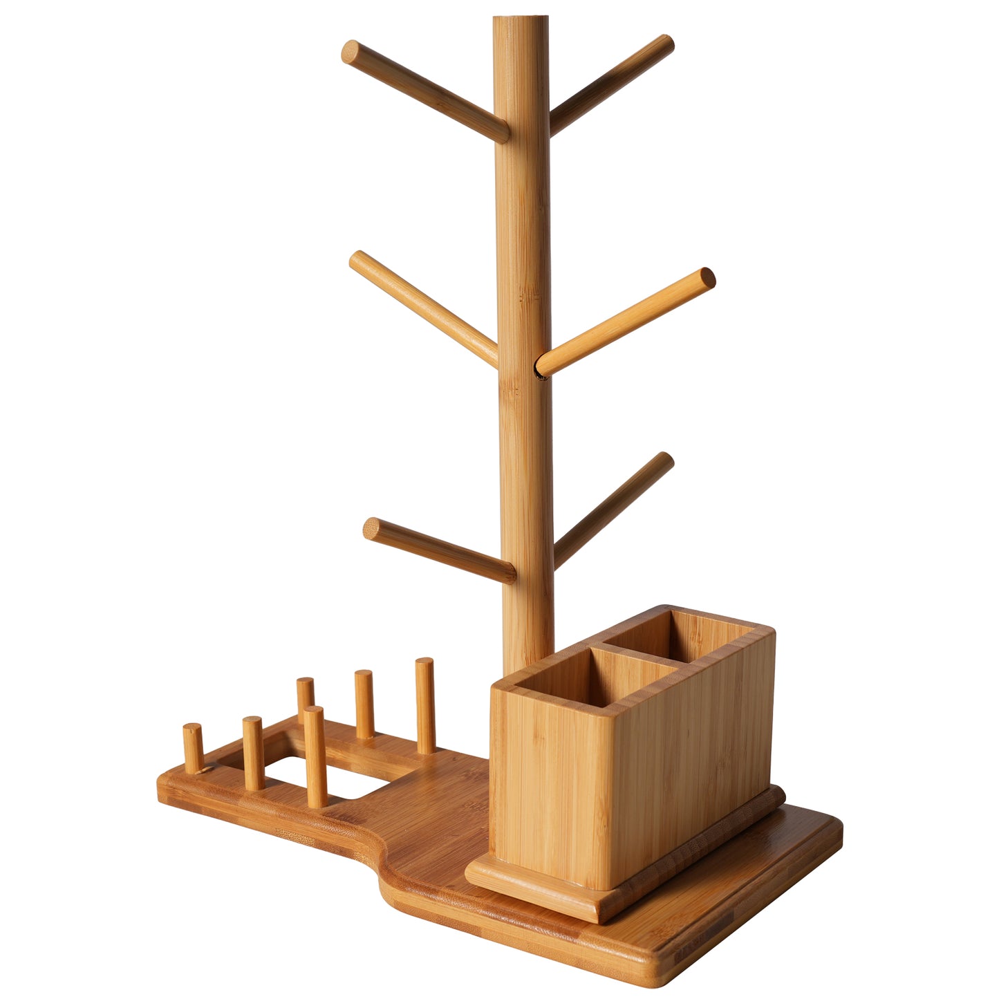 Bamboo Mug Tree with Divided Storage Compartment, 6-Hook Coffee Cup Holder with Coaster Rack, Countertop Organizer for Coffee Bar, Kitchen & Office, 13.8" W x 6.3" D x 11.2" H