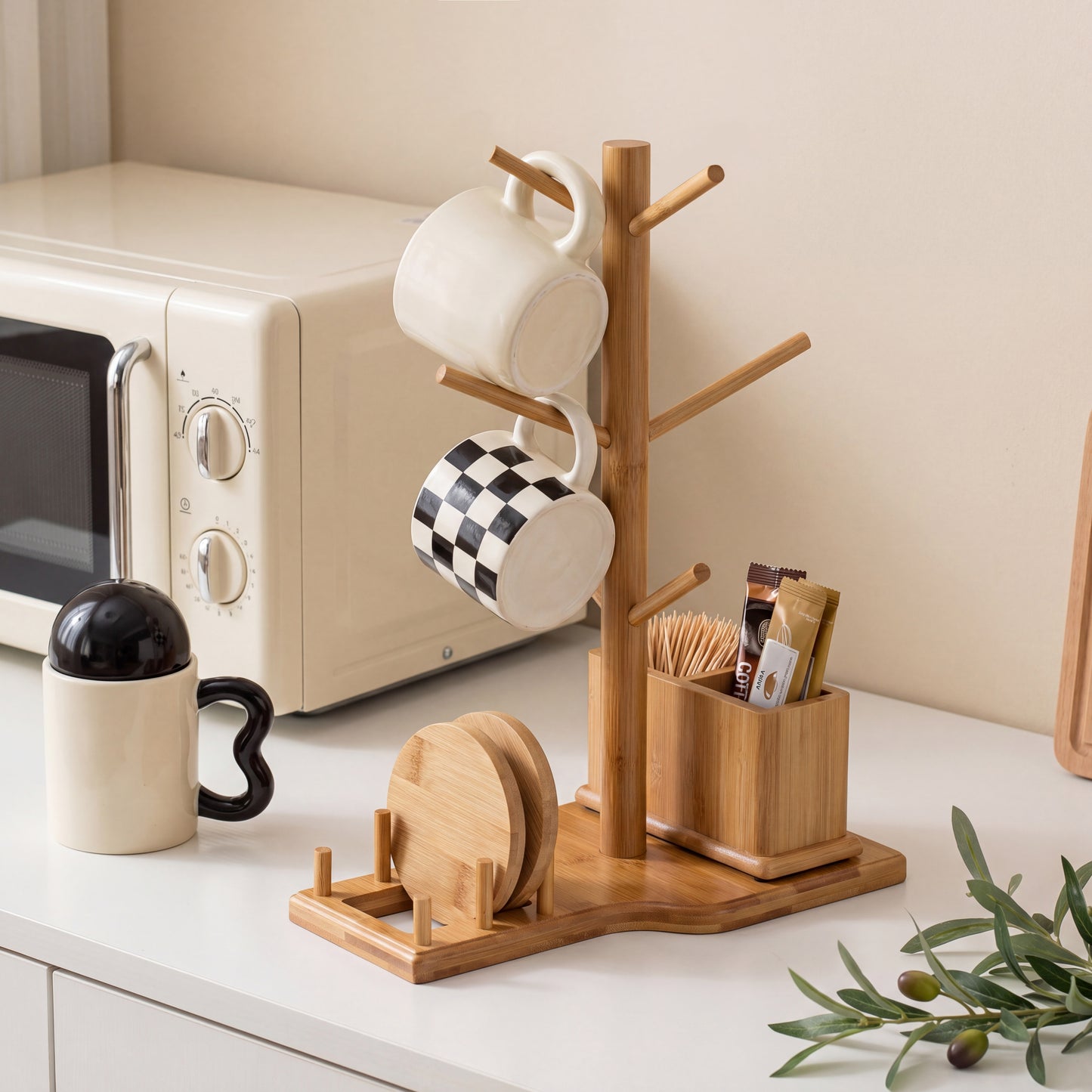 Bamboo Mug Tree with Divided Storage Compartment, 6-Hook Coffee Cup Holder with Coaster Rack, Countertop Organizer for Coffee Bar, Kitchen & Office, 13.8" W x 6.3" D x 11.2" H