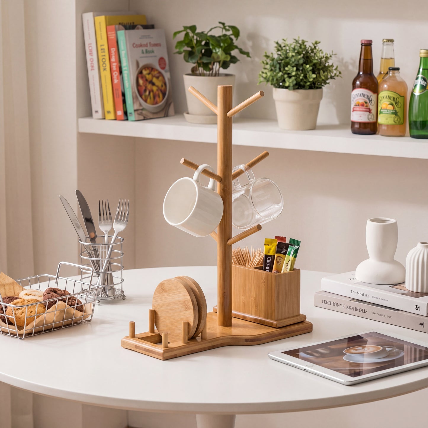 Bamboo Mug Tree with Divided Storage Compartment, 6-Hook Coffee Cup Holder with Coaster Rack, Countertop Organizer for Coffee Bar, Kitchen & Office, 13.8" W x 6.3" D x 11.2" H