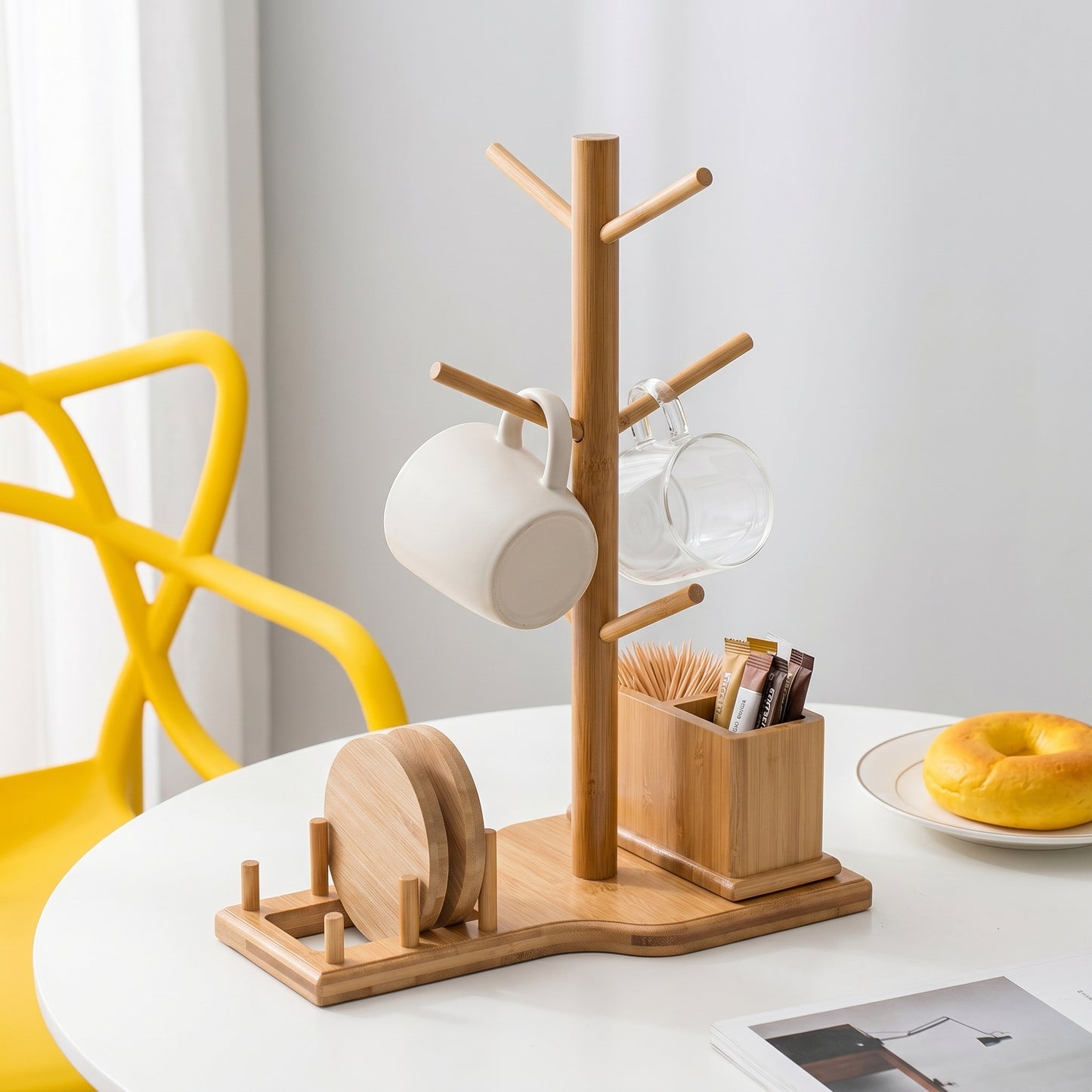 Bamboo Mug Tree with Divided Storage Compartment, 6-Hook Coffee Cup Holder with Coaster Rack, Countertop Organizer for Coffee Bar, Kitchen & Office, 13.8" W x 6.3" D x 11.2" H