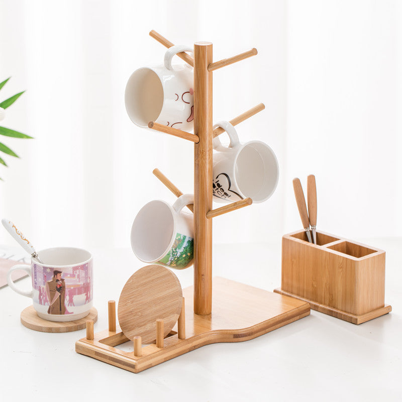 Bamboo Mug Tree with Divided Storage Compartment, 6-Hook Coffee Cup Holder with Coaster Rack, Countertop Organizer for Coffee Bar, Kitchen & Office, 13.8" W x 6.3" D x 11.2" H