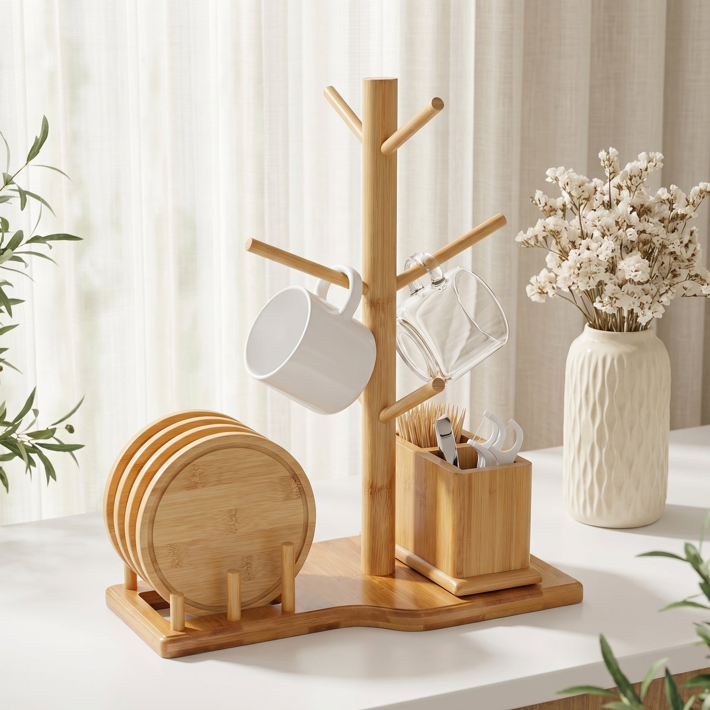 Bamboo Mug Tree with Divided Storage Compartment, 6-Hook Coffee Cup Holder with Coaster Rack, Countertop Organizer for Coffee Bar, Kitchen & Office, 13.8" W x 6.3" D x 11.2" H