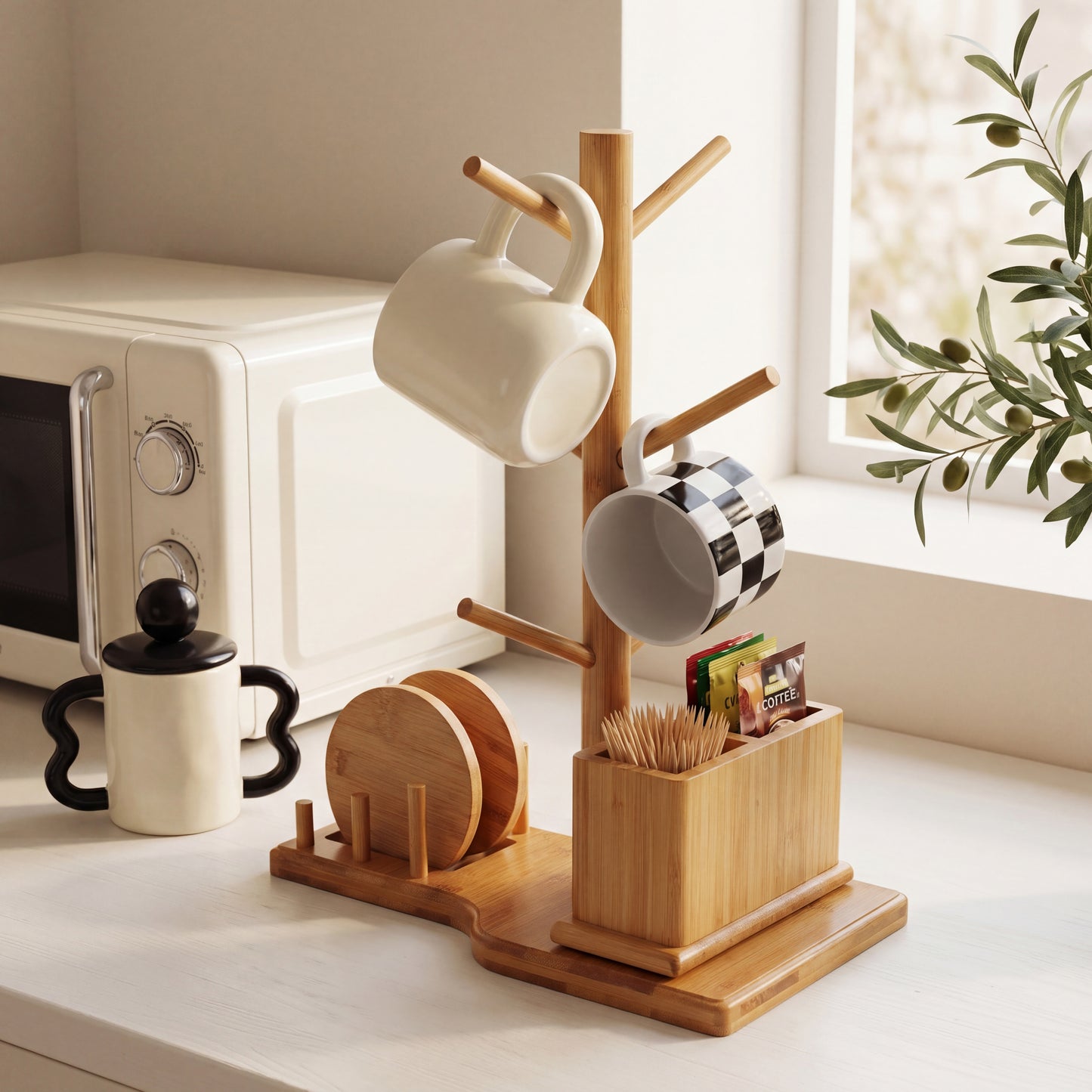 Bamboo Mug Tree with Divided Storage Compartment, 6-Hook Coffee Cup Holder with Coaster Rack, Countertop Organizer for Coffee Bar, Kitchen & Office, 13.8" W x 6.3" D x 11.2" H