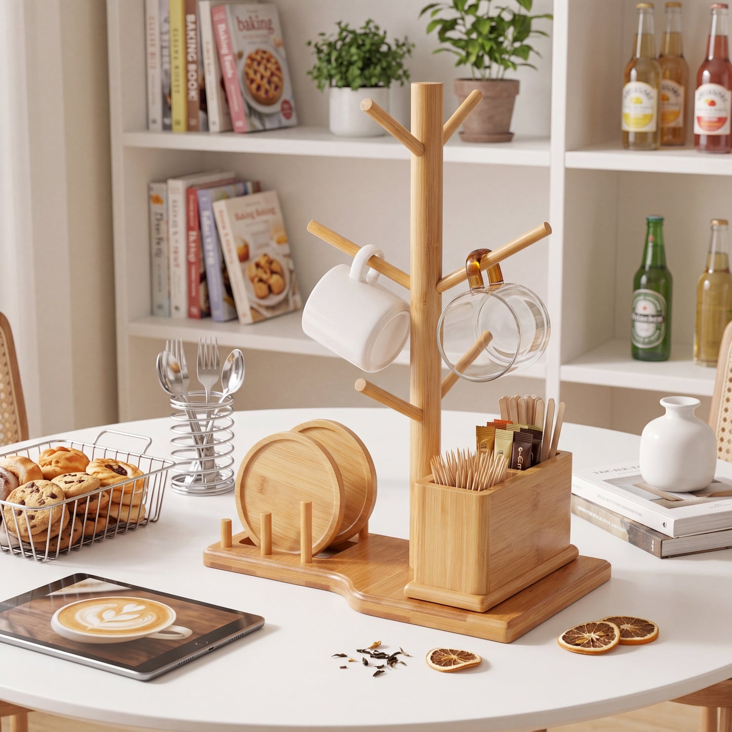 Bamboo Mug Tree with Divided Storage Compartment, 6-Hook Coffee Cup Holder with Coaster Rack, Countertop Organizer for Coffee Bar, Kitchen & Office, 13.8" W x 6.3" D x 11.2" H