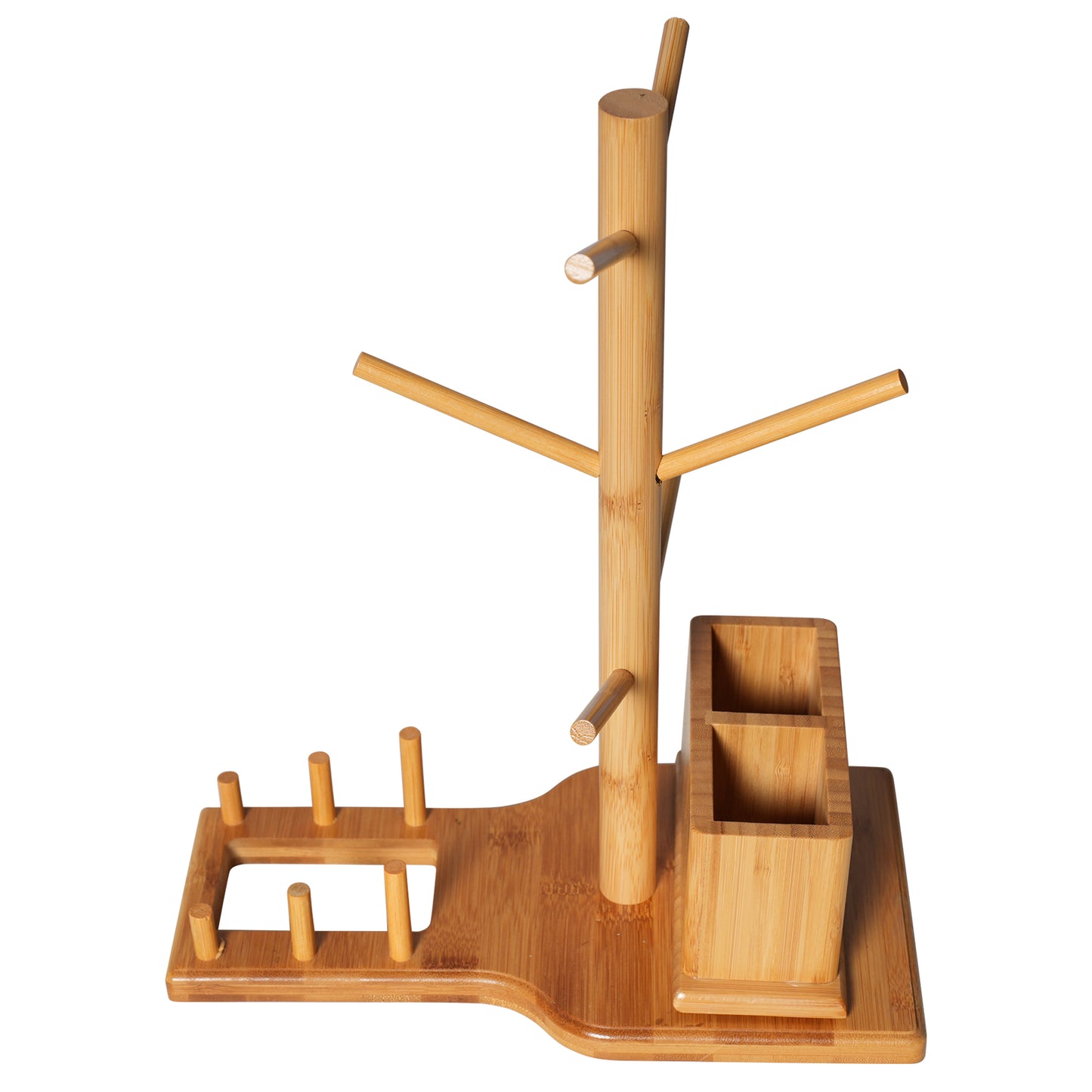 Bamboo Mug Tree with Divided Storage Compartment, 6-Hook Coffee Cup Holder with Coaster Rack, Countertop Organizer for Coffee Bar, Kitchen & Office, 13.8" W x 6.3" D x 11.2" H