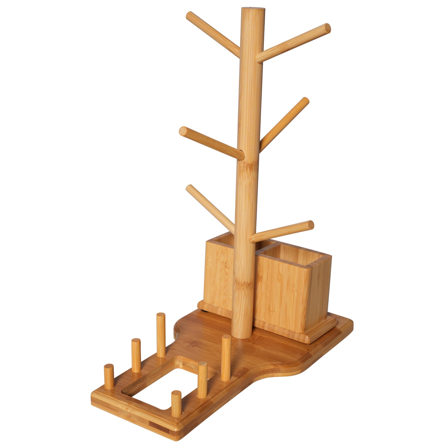 Bamboo Mug Tree with Divided Storage Compartment, 6-Hook Coffee Cup Holder with Coaster Rack, Countertop Organizer for Coffee Bar, Kitchen & Office, 13.8" W x 6.3" D x 11.2" H