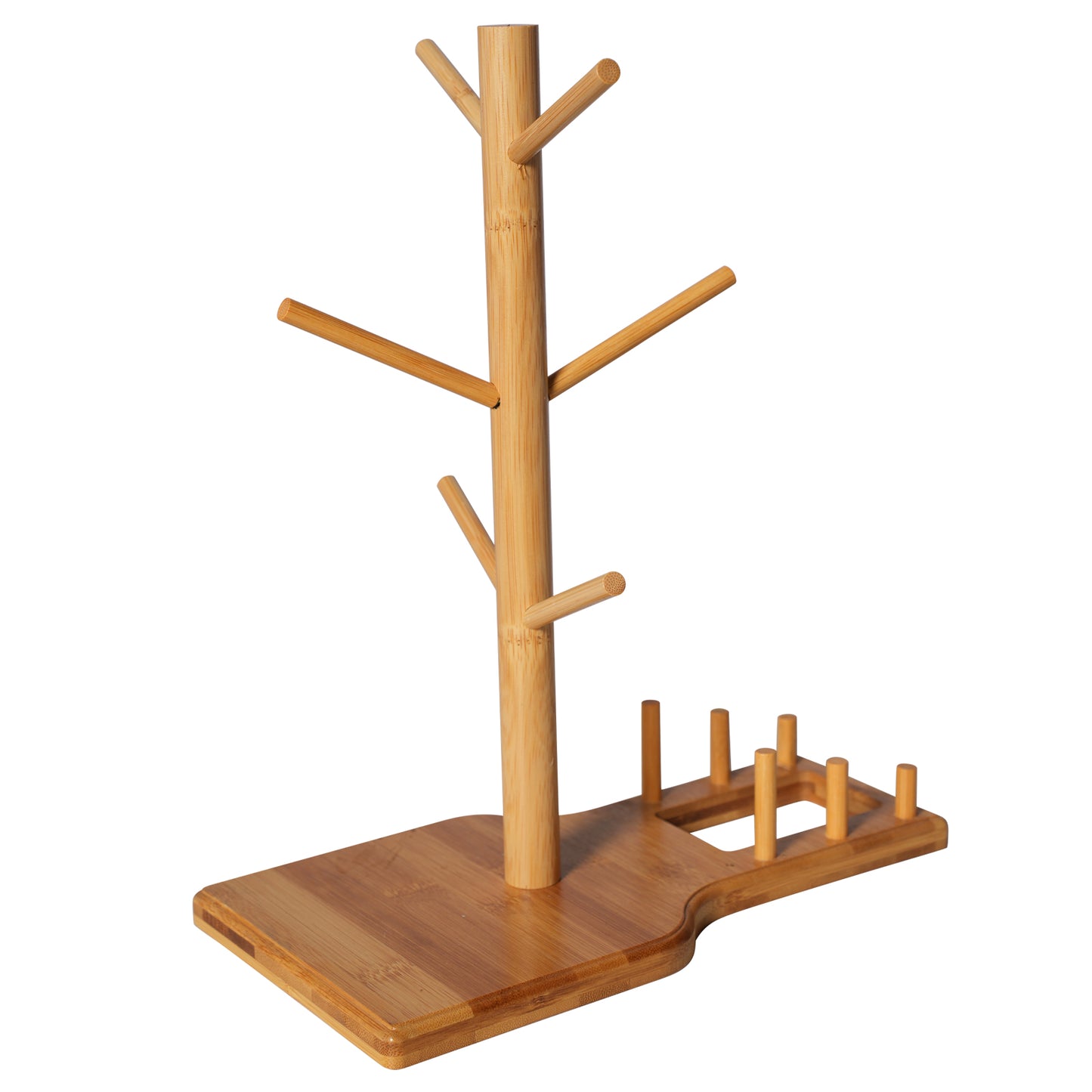 Bamboo Mug Tree with Divided Storage Compartment, 6-Hook Coffee Cup Holder with Coaster Rack, Countertop Organizer for Coffee Bar, Kitchen & Office, 13.8" W x 6.3" D x 11.2" H