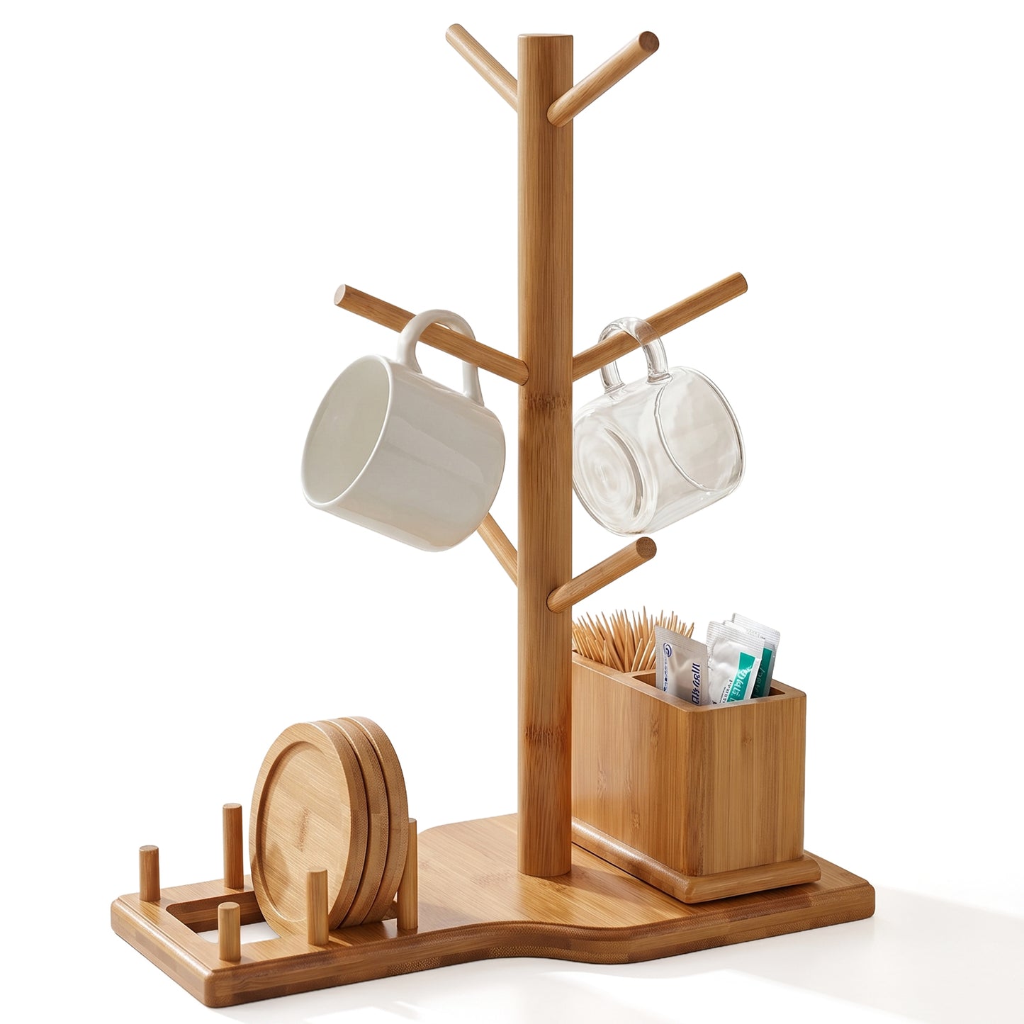 Bamboo Mug Tree with Divided Storage Compartment, 6-Hook Coffee Cup Holder with Coaster Rack, Countertop Organizer for Coffee Bar, Kitchen & Office, 13.8" W x 6.3" D x 11.2" H