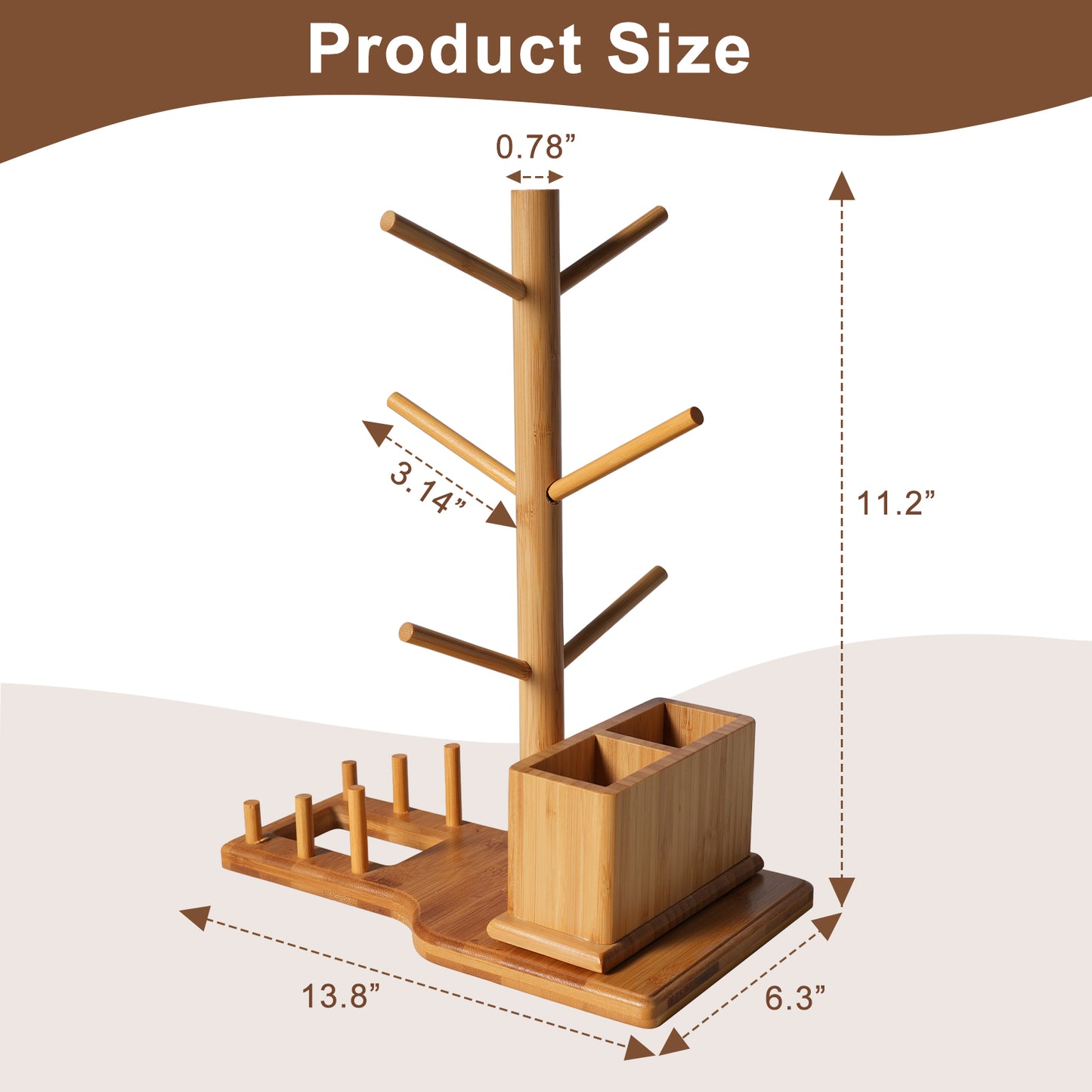 Bamboo Mug Tree with Divided Storage Compartment, 6-Hook Coffee Cup Holder with Coaster Rack, Countertop Organizer for Coffee Bar, Kitchen & Office, 13.8" W x 6.3" D x 11.2" H