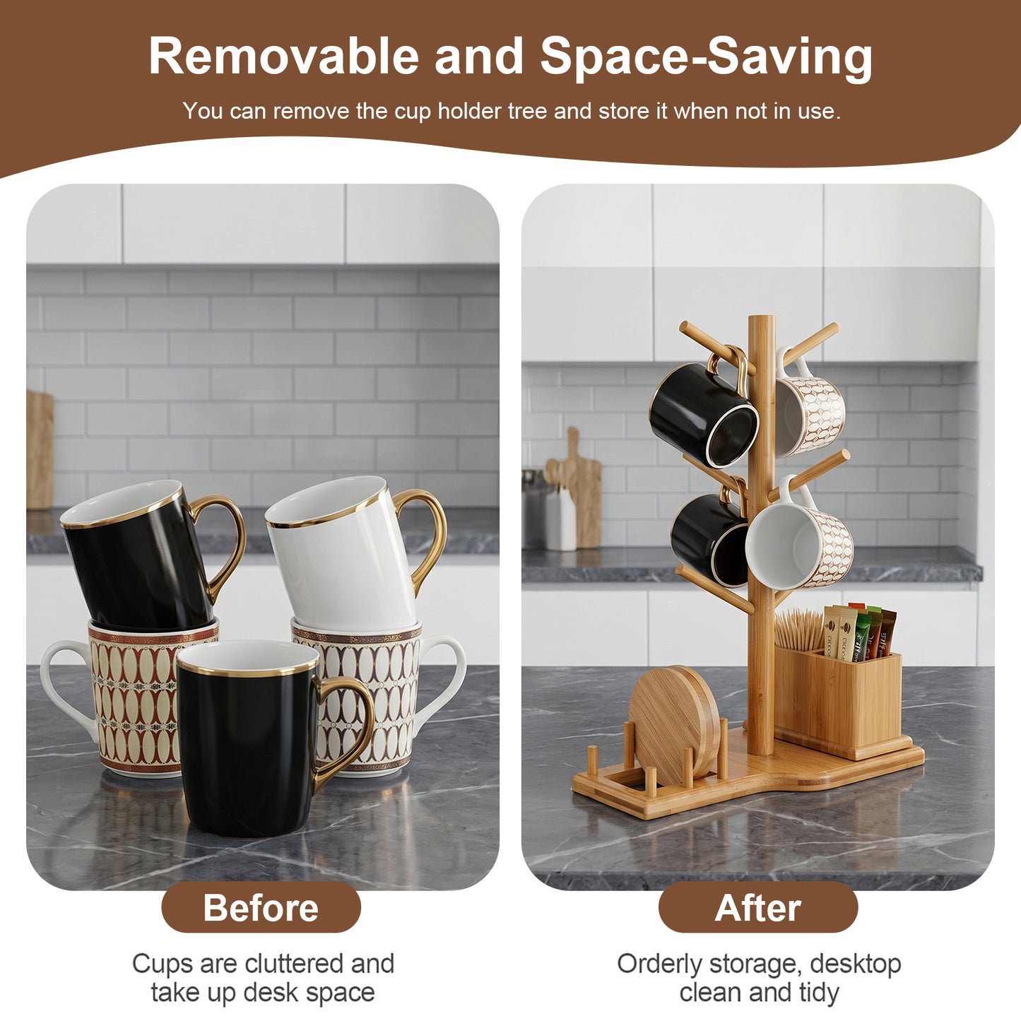 Bamboo Mug Tree with Divided Storage Compartment, 6-Hook Coffee Cup Holder with Coaster Rack, Countertop Organizer for Coffee Bar, Kitchen & Office, 13.8" W x 6.3" D x 11.2" H
