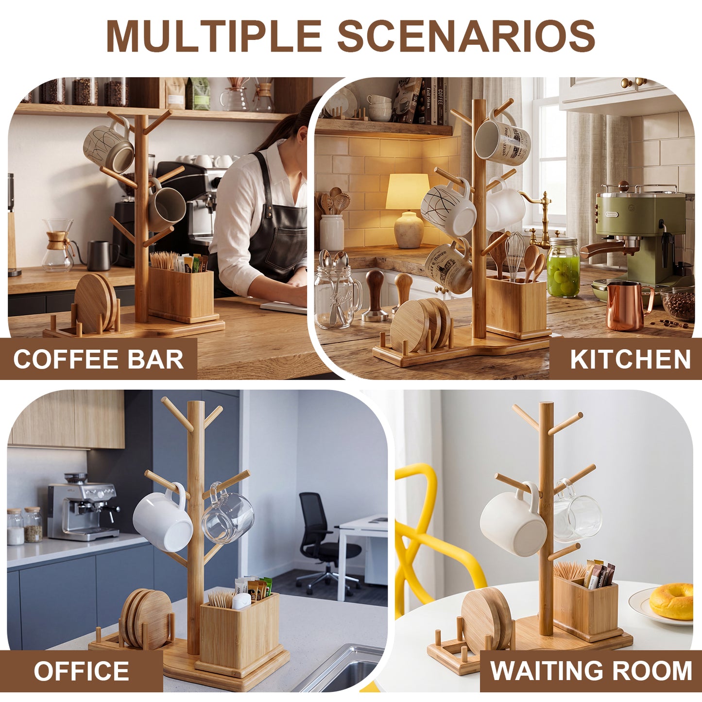 Bamboo Mug Tree with Divided Storage Compartment, 6-Hook Coffee Cup Holder with Coaster Rack, Countertop Organizer for Coffee Bar, Kitchen & Office, 13.8" W x 6.3" D x 11.2" H