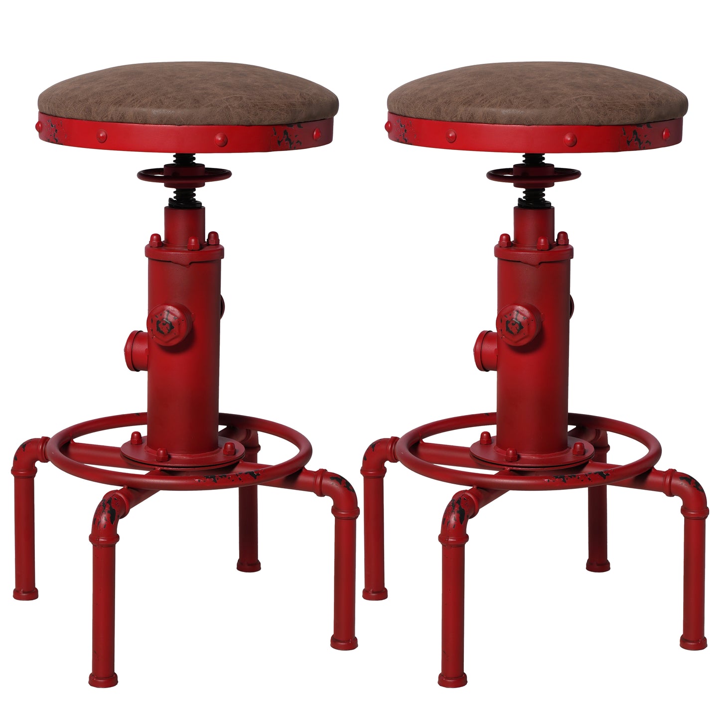 Set of 2,Antique Vintage Industrial Bar Stool PU Leather Water Pipe Fire Hydrant Design Cafe Coffee Industrial Bar Stool