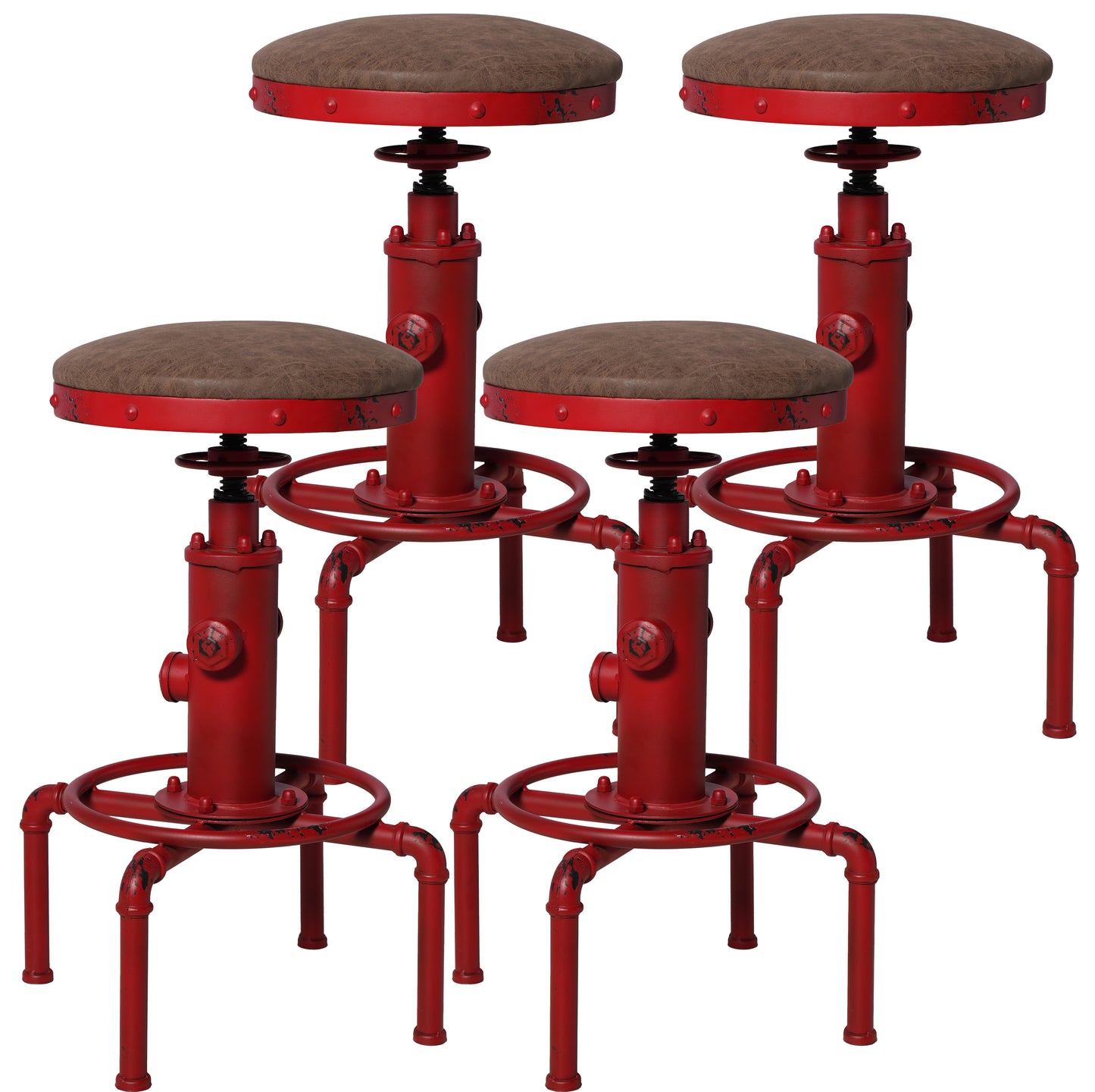 Set of 4,Antique Vintage Industrial Bar Stool PU Leather Water Pipe Fire Hydrant Design Cafe Coffee Industrial Bar Stool