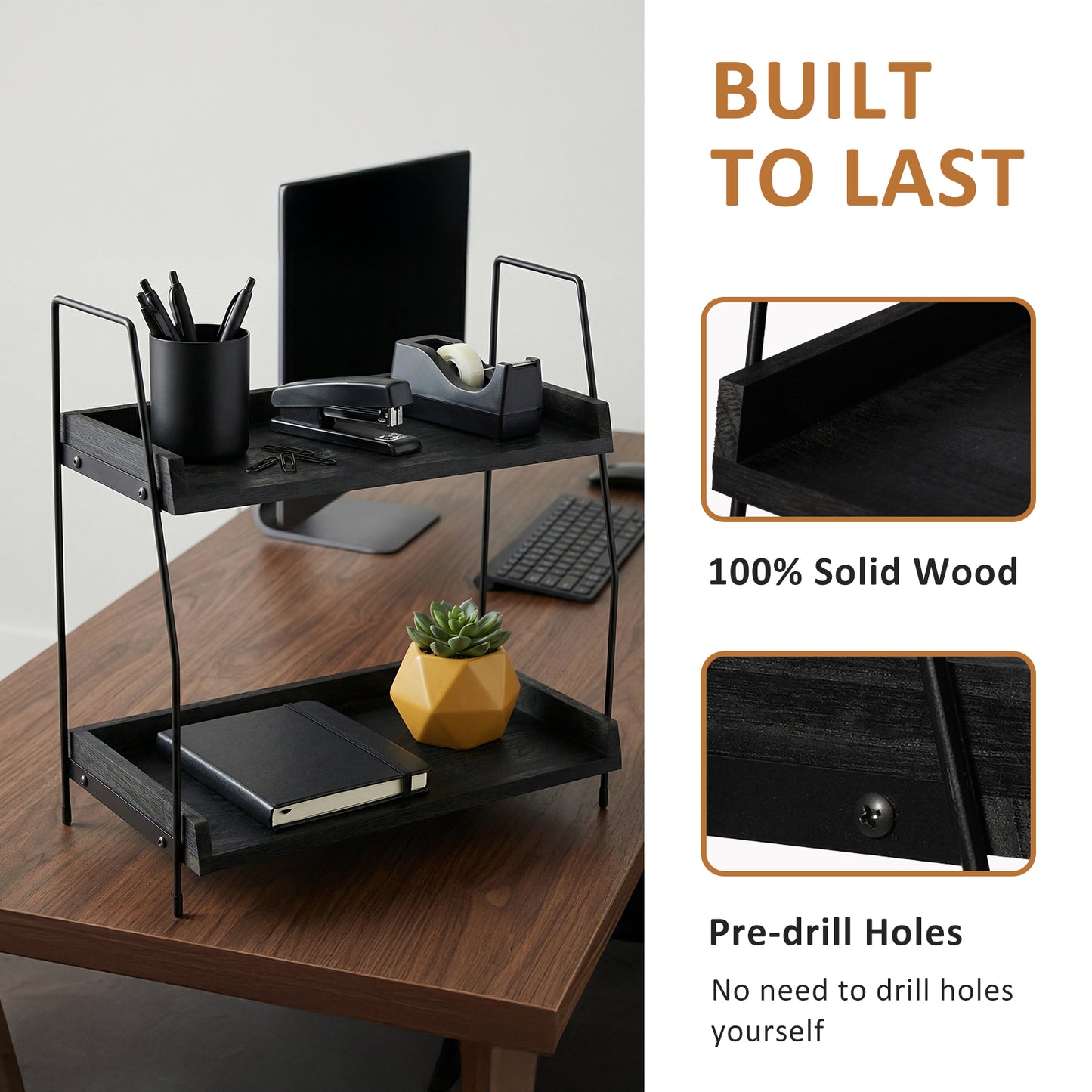 2-Tier Charcoal Solid Wood & Black Metal Countertop Organizer, 15" H Vertical Storage Rack for Kitchen, Bathroom & Office
