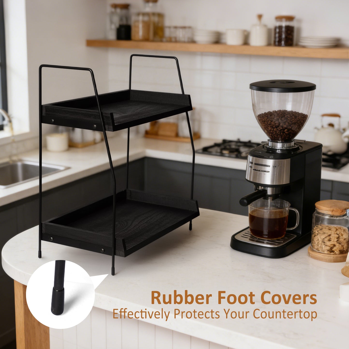 2-Tier Charcoal Solid Wood & Black Metal Countertop Organizer, 15" H Vertical Storage Rack for Kitchen, Bathroom & Office