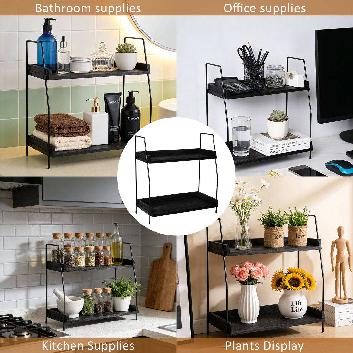 2-Tier Charcoal Solid Wood & Black Metal Countertop Organizer, 15" H Vertical Storage Rack for Kitchen, Bathroom & Office