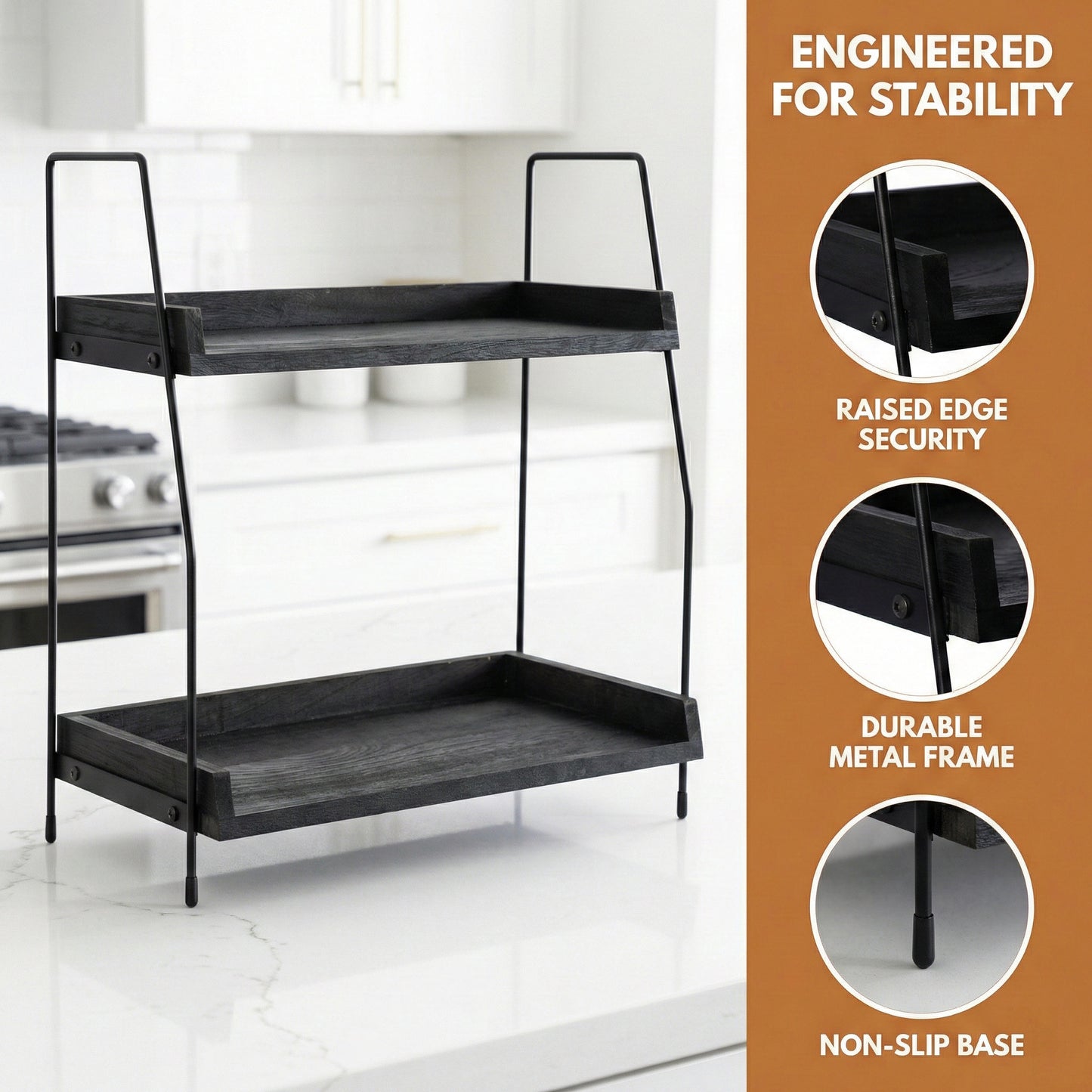 2-Tier Charcoal Solid Wood & Black Metal Countertop Organizer, 15" H Vertical Storage Rack for Kitchen, Bathroom & Office