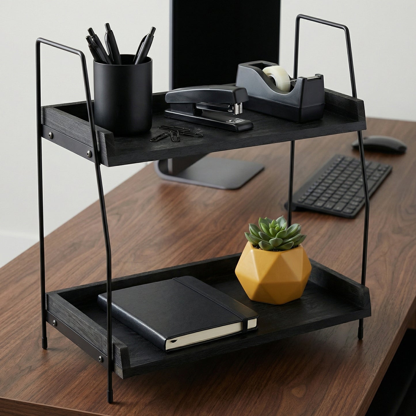 2-Tier Charcoal Solid Wood & Black Metal Countertop Organizer, 15" H Vertical Storage Rack for Kitchen, Bathroom & Office