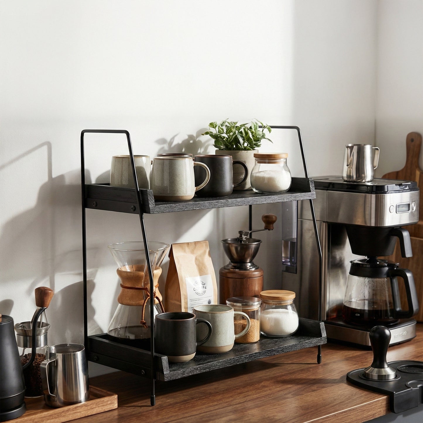 2-Tier Charcoal Solid Wood & Black Metal Countertop Organizer, 15" H Vertical Storage Rack for Kitchen, Bathroom & Office