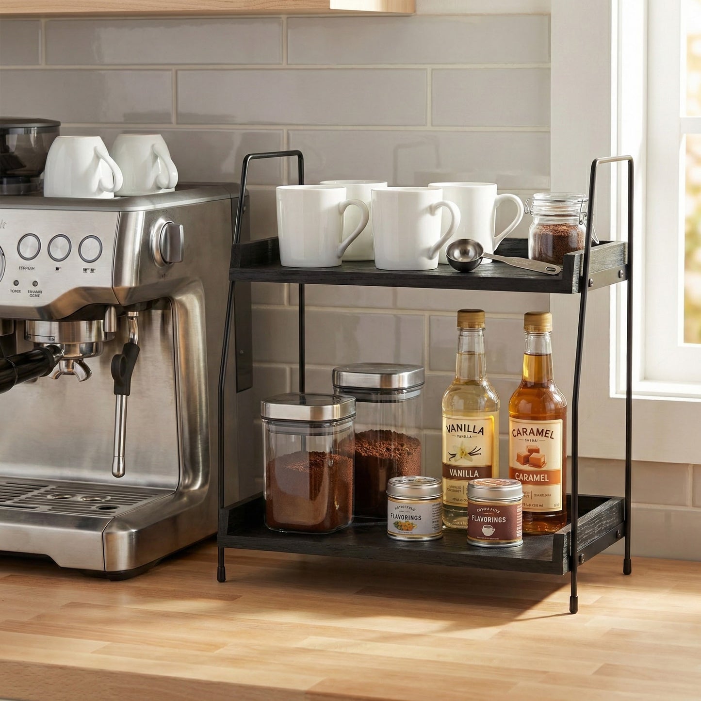 2-Tier Charcoal Solid Wood & Black Metal Countertop Organizer, 15" H Vertical Storage Rack for Kitchen, Bathroom & Office