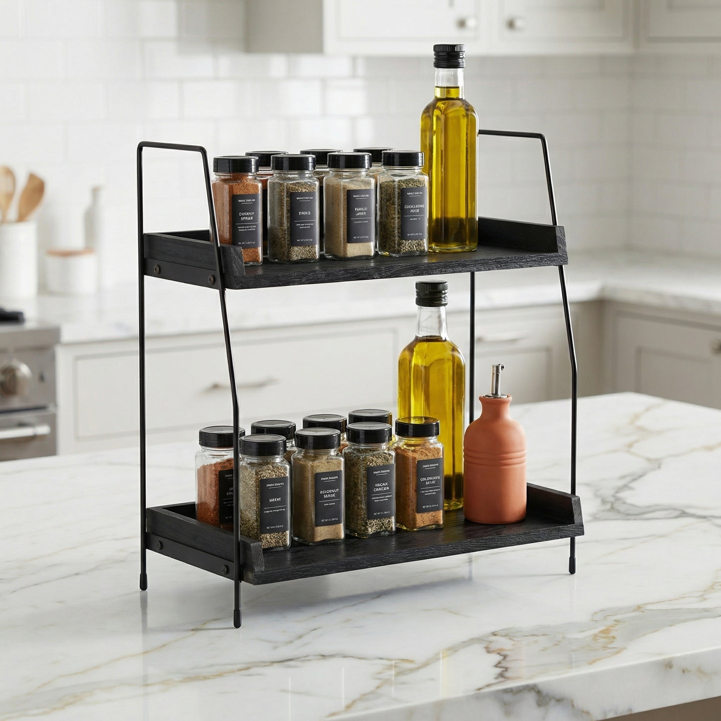 2-Tier Charcoal Solid Wood & Black Metal Countertop Organizer, 15" H Vertical Storage Rack for Kitchen, Bathroom & Office