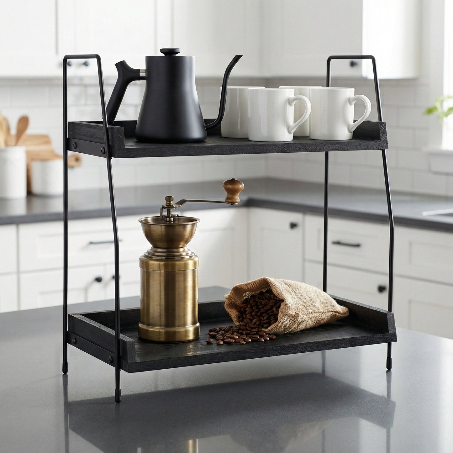 2-Tier Charcoal Solid Wood & Black Metal Countertop Organizer, 15" H Vertical Storage Rack for Kitchen, Bathroom & Office